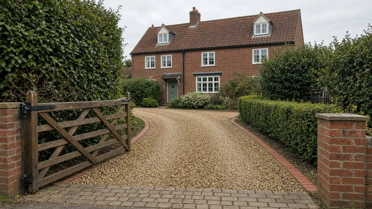 Example image: a golden gravel driveway with brick edging at a village house
