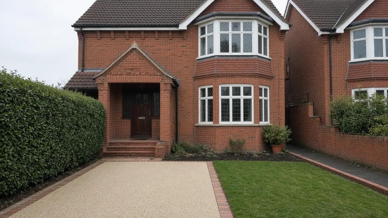 Example image: a buff resin-bound driveway outside a 1930s semi-detached house