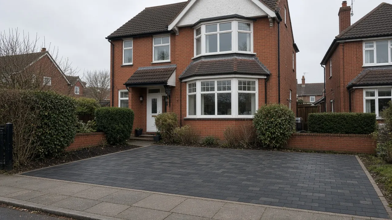 Example image: 1930s bay-fronted brick house in Acomb, York, with a widened block-paved drive