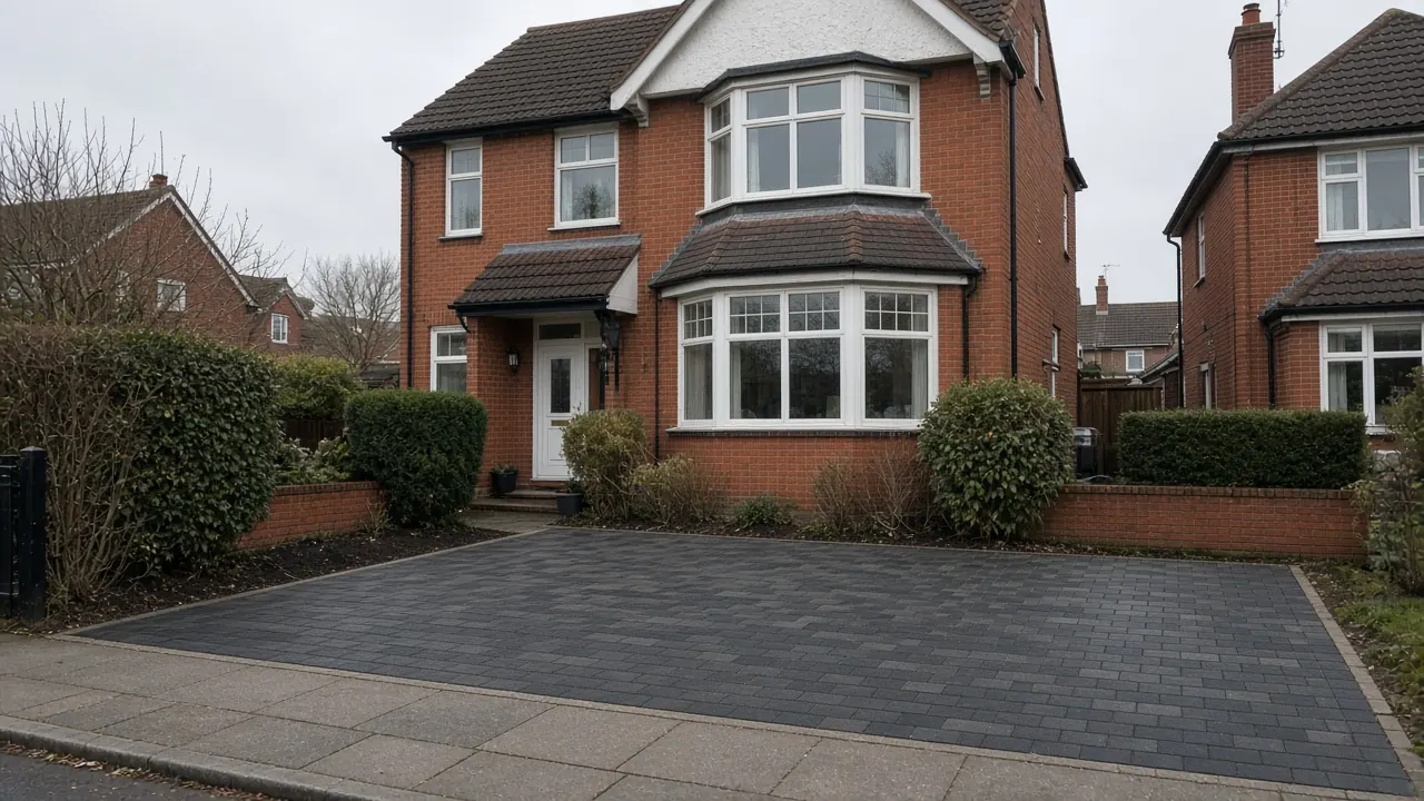 Example image: 1930s bay-fronted brick house in Acomb, York, with a widened block-paved drive