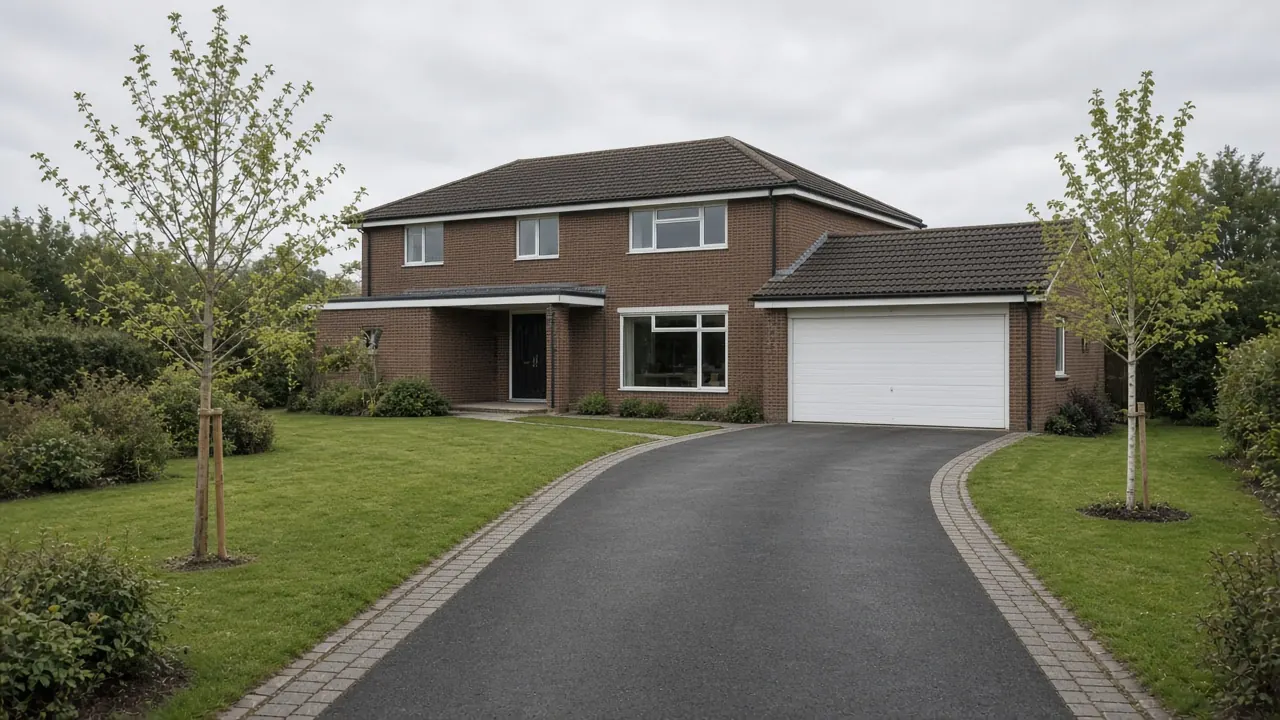 Example image: a long tarmac driveway with sett edging to a detached house